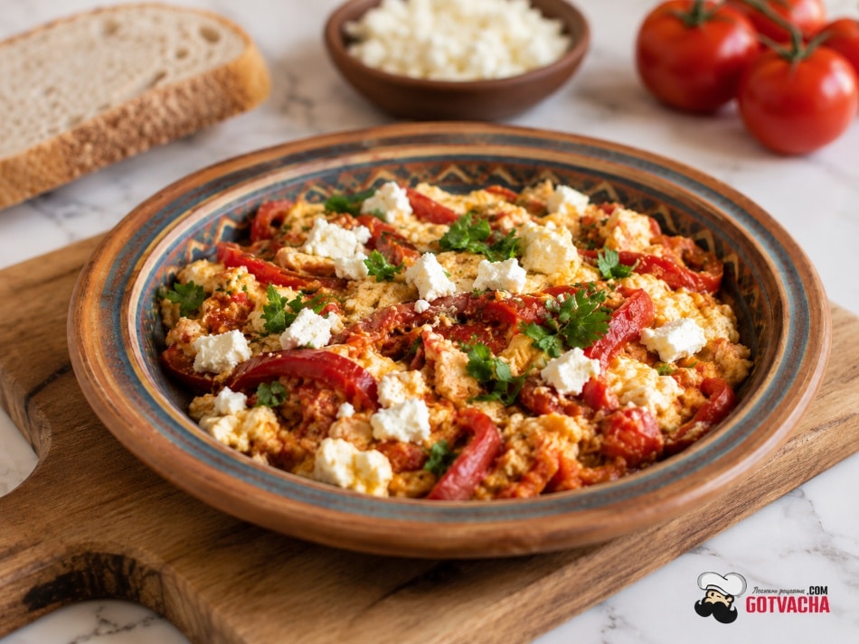 Миш-маш по селски с чушки, домати, яйца, сирене и магданоз