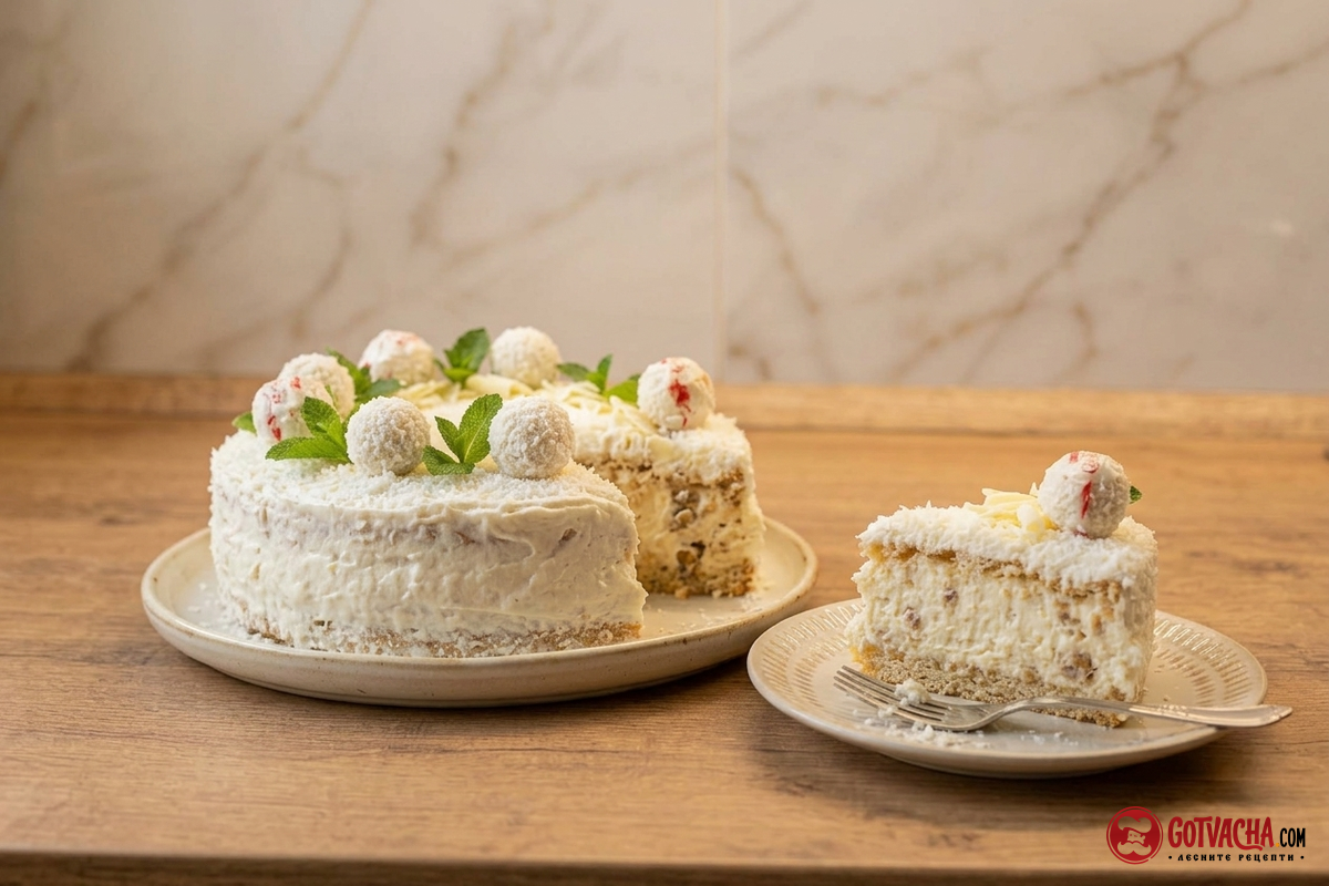 Торта Рафаело без печене – лесна бисквитена торта с кокос
